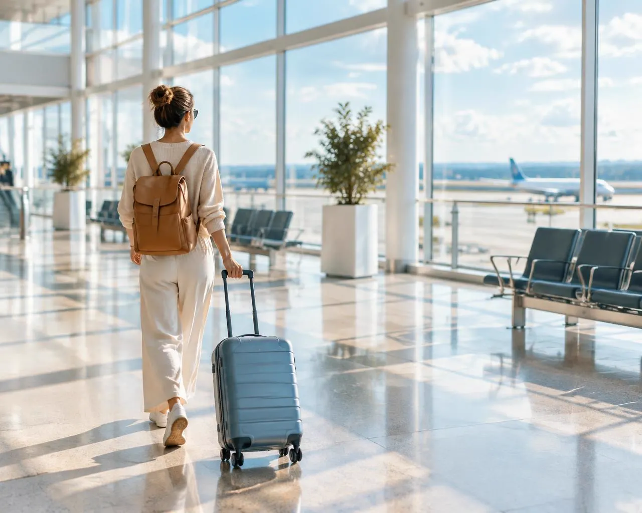 Traveler preparing for a flight in a bright airport terminal.
